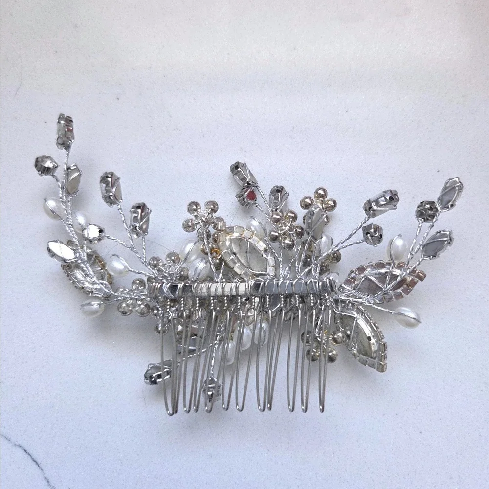 Silver Tone Faux Pearl and Crystal Bridal Hair Comb Floral Wedding Headpiece